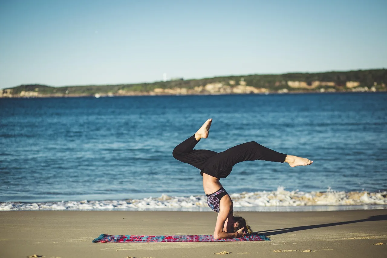 yoga, balance, zen, beach, ocean, meditation, person, sand, sea, shore, water, woman, nature, workout, blue beach, blue fitness, blue water, blue yoga, blue meditation, blue sea, blue ocean, blue balance, blue workout, blue sand